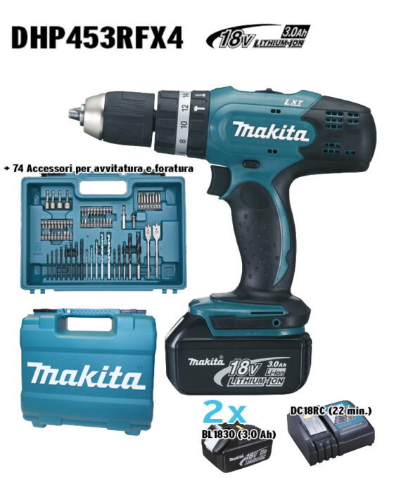 TRAPANO MAKITA SUPERKIT 18VP-3Ah DHP453RFX4 C/ 2BATT.